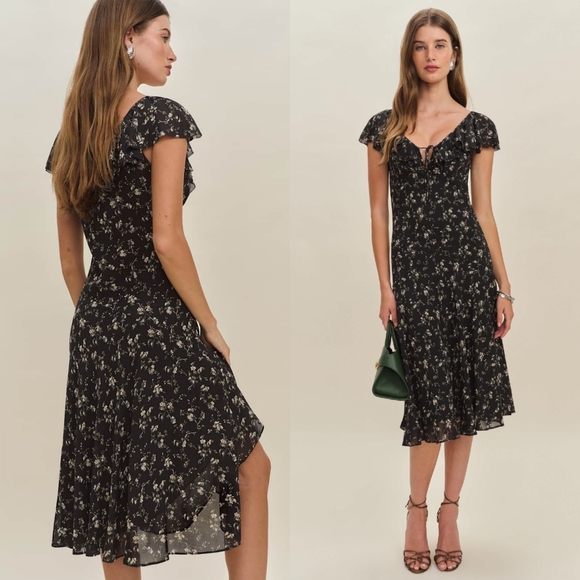 Reformation Dresses & Skirts - Reformation Gaelle Dress Lucien Black White Ruffle Flutter Sleeves Off Shoulder